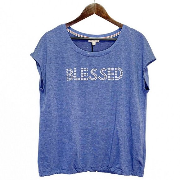 Jane and Delancey Anthropologie Women's S 'Blessed' Scoop String Hem Top Blue - Picture 1 of 11
